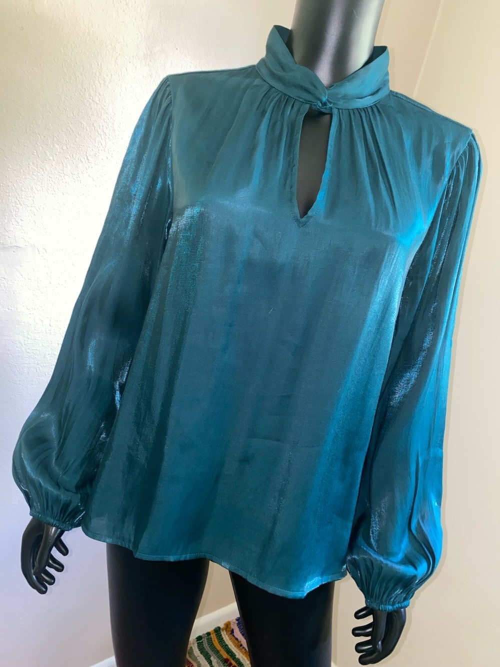 Nine West Teal Green Satin Keyhole Blouse